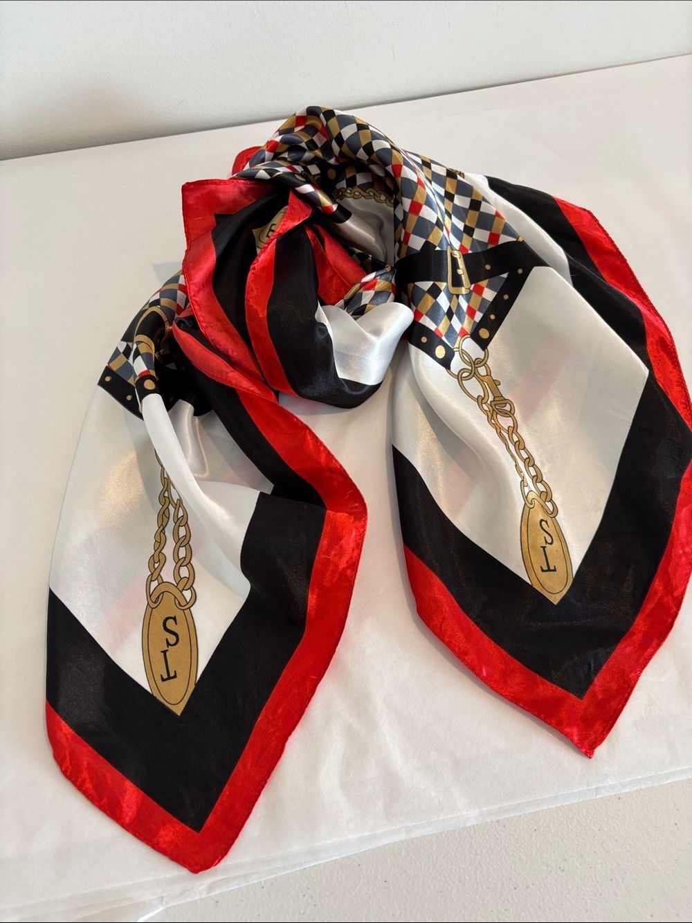 Vintage satin equestrian print neck scarf geometric & chain print red white blue - Picture 6 of 11